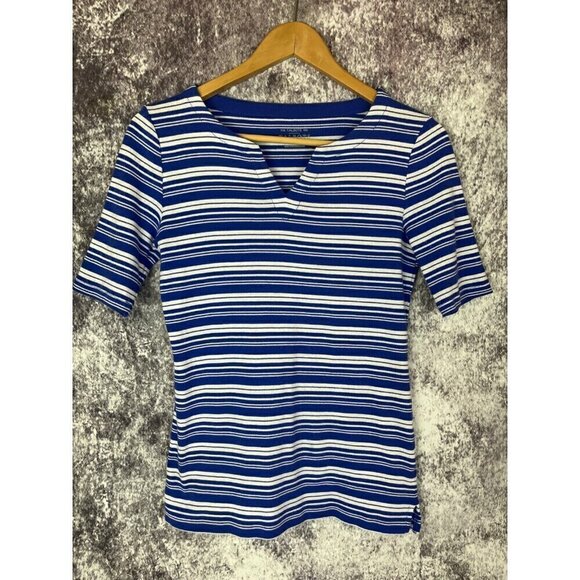 The Talbots Tee Women's xs V Neck Blue White Stripe Coastal Casual Top Blouse - Picture 1 of 8